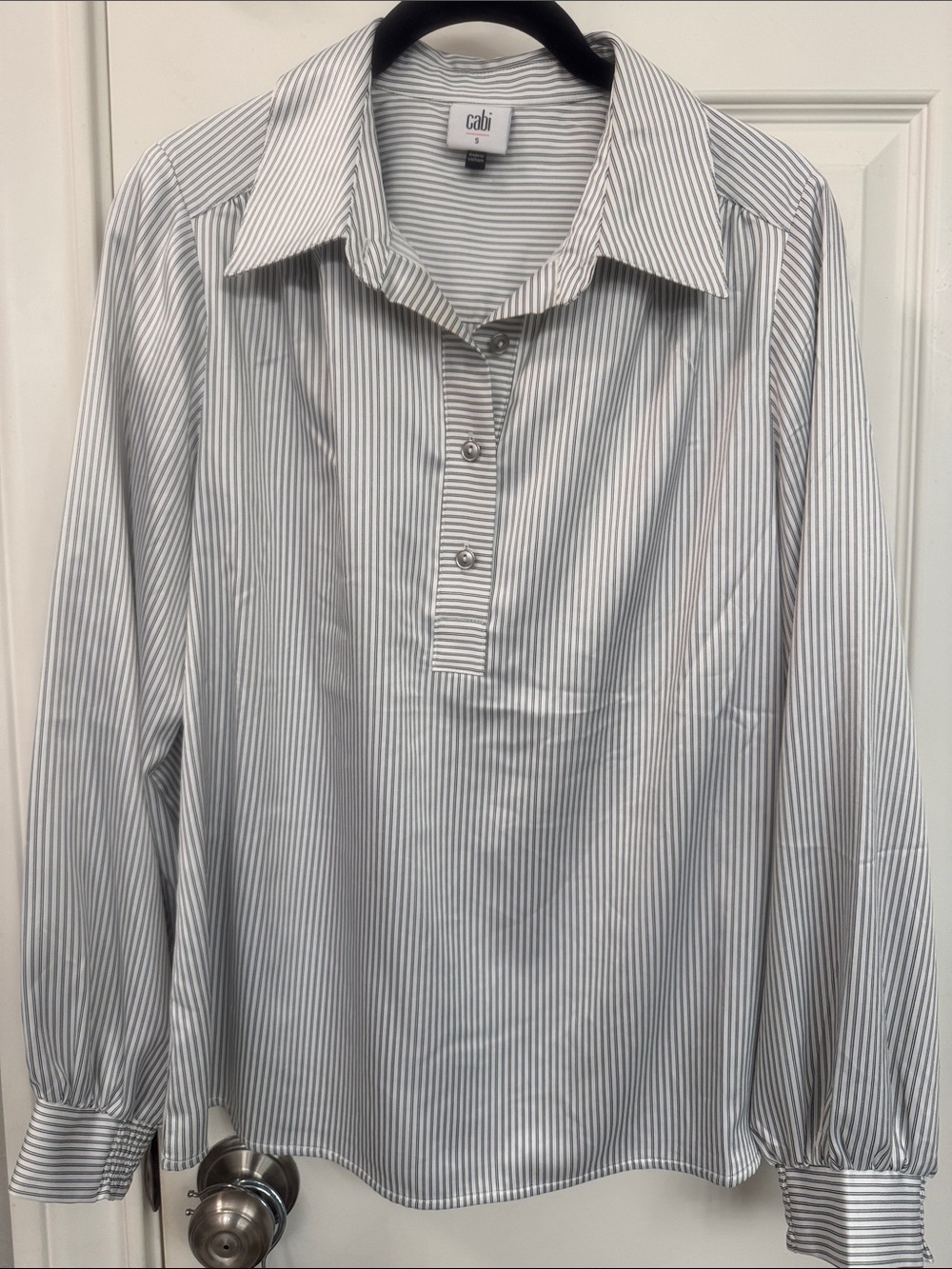 CAbi Women’s White and Gray Pinstripe Dress Shirt